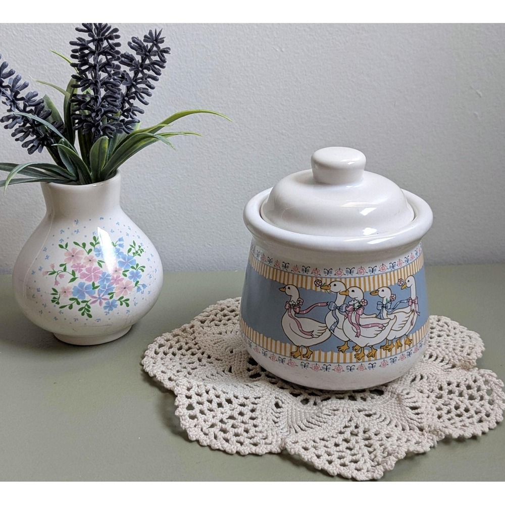 Vintage Ribbon Geese Sugar Canister with Lid B&D Collection Ceramic Farmhouse